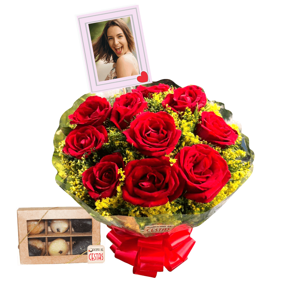 Buquê com 10 Rosas personalizado com foto e Caixa com 6 docinhos Imagem 1